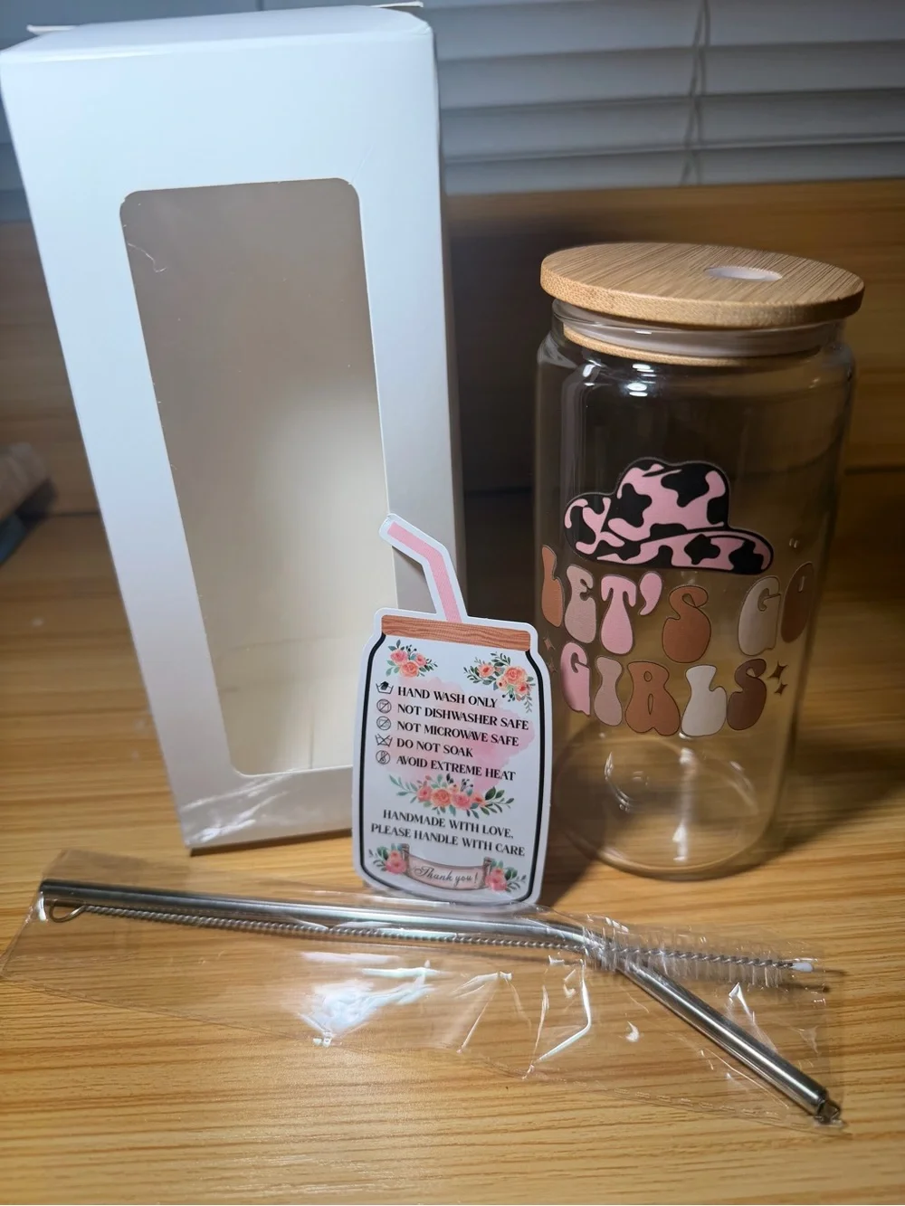 Let's Go Girls Pink Accent Glass Tumbler with Bamboo Lid & Straw